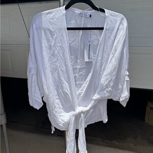 Ava Sky Women's White Tie-Front Blouse